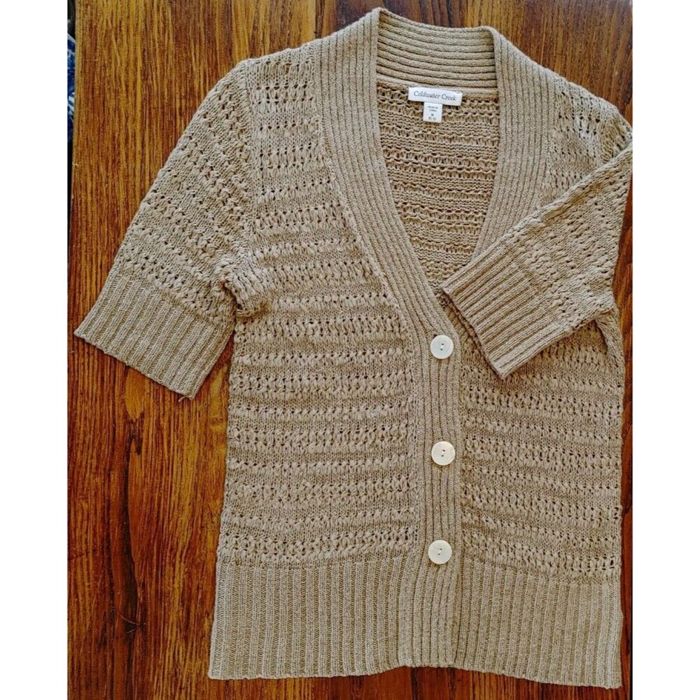 Coldwater Creek Med Ribbon Knit Mother Of Pearl Buttons Short Sleeve Cardigan